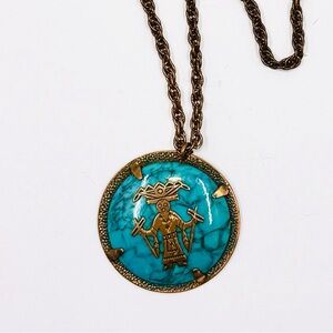 Vintage Copper By Bell Trading Post Kachina Dancer On Faux Turquoise Necklace